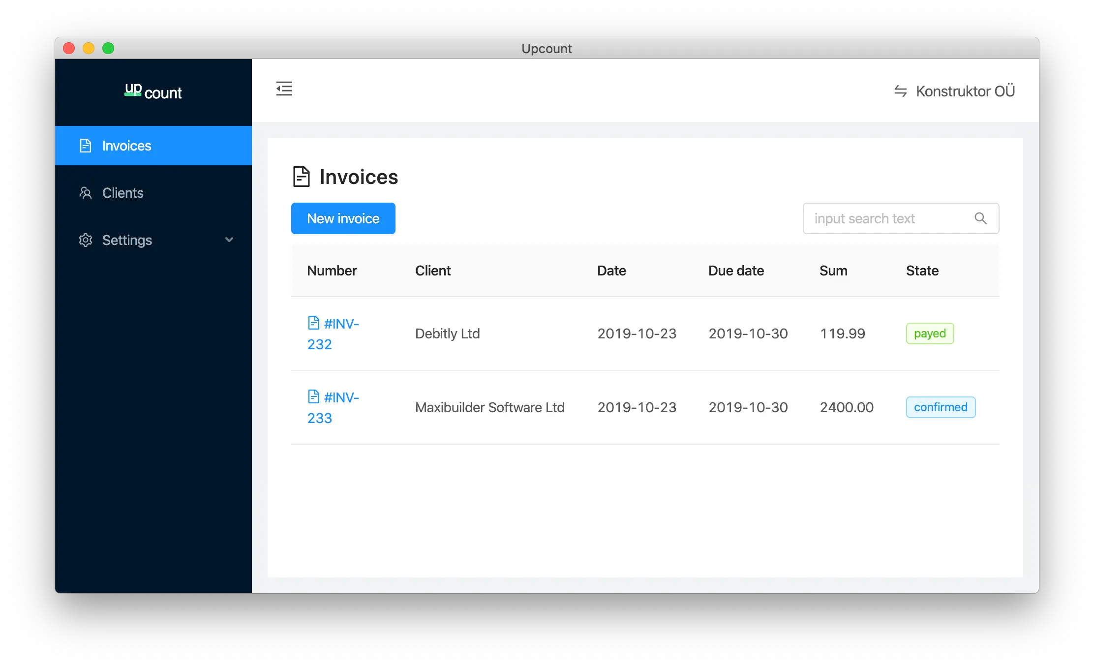 Upcount invoice list view showing draft, confirmed, paid, overdue and void invoice statuses